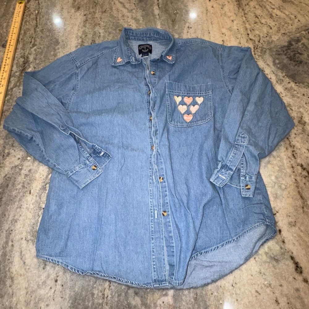 Vintage Large Solutions Denim Shirt Embroidered Hearts‎ Long Sleeve Button Down